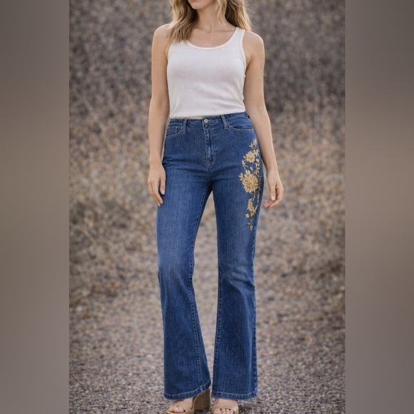 Anthropologie Denim - Tapemeasure Women’s 12 Raw Hem Waist Embroidered Flare Jeans Boho Festival